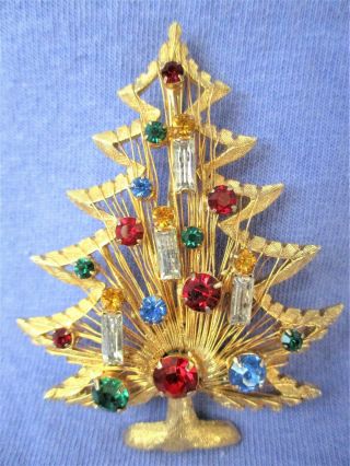 Vintage Brooks Christmas Tree Pin Brooch Gold Rhinestones Jeweled Signed