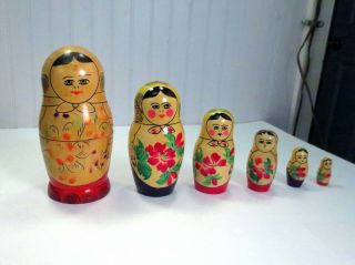 Vintage Made In Ussr Russian Nesting Dolls 6 Piece Hp Wood Matryoshka Babushka