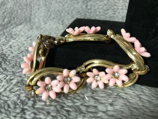 Vtg - Sgn Coro - Light Pink Lucite Flowers W/ Clear Rhinestone Centers On Gold Tone