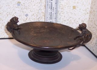 Rare Antique Bronze Calling Card Receiver Pedestal Dish Tray Figural Monkey Dog