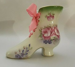 Vintage Ceramic Ladies Boot Flower Vase Victorian Shoe Pink Roses Big 6 " Tall