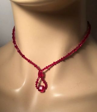 Vintage Czech Bohemian Ruby Red Faceted Crystal Bead Sterling Silver Necklace 18