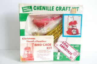 Vintage Fibre Craft Christmas Bird Cage Kit Red Tinsel Feather
