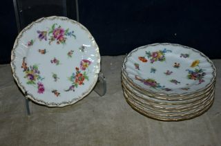 Antique Set Of 8 Rk Dresden Hand Painted Floral & Gold Porcelain Serving Plates