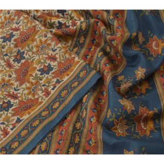 Sanskriti Vintage Cream Saree Pure Silk Printed Sari Craft Decor Soft 5yd Fabric