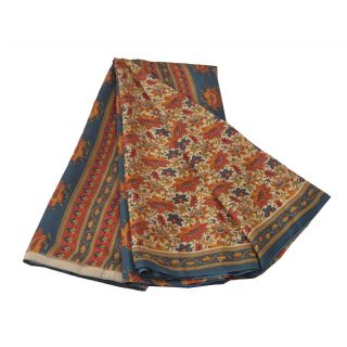 Sanskriti Vintage Cream Saree Pure Silk Printed Sari Craft Decor Soft 5Yd Fabric 2