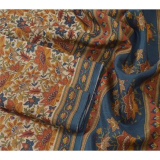Sanskriti Vintage Cream Saree Pure Silk Printed Sari Craft Decor Soft 5Yd Fabric 3