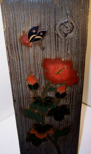 Antique Japanese Totai Tree Bark Cloisonne Enamel Box Hibiscus Butterfly Lacquer