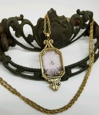 Vintage Avon Art Deco Style Pink Satin Glass Rhinestone Gold Tone Pendant Chain