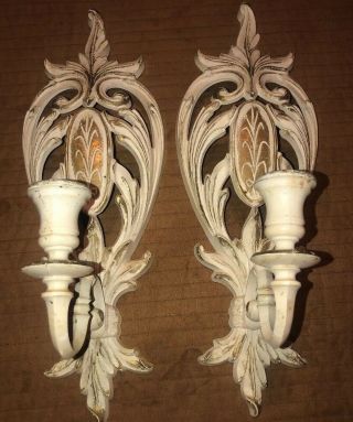 Pair Set 2 Vintage Syrco Wall Sconce Candle Holders 14 - 3/4” Tall Cream And Gold