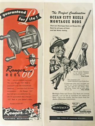 1947 Two Fishing Gear Ads : Ranger Model 60 Reels Ocean City Reels Montague Rods