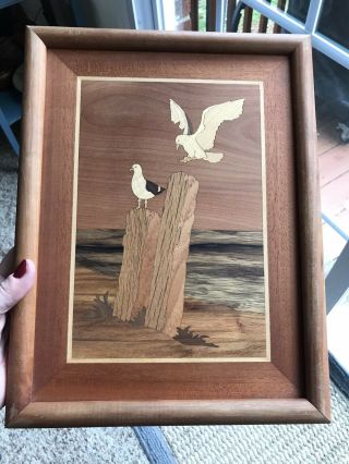 Vintage Wood Inlay Marquetry Picture Seagulls Ebony Walnut Aspen Ash Oak 13x10 "