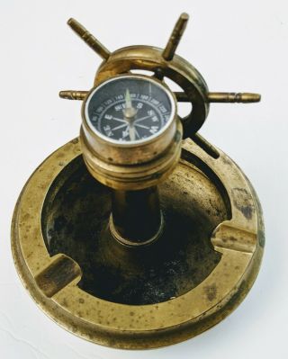 Antique Brass Tabletop Nautical Ship Wheel Compass Cigar Cigarettes Ashtray