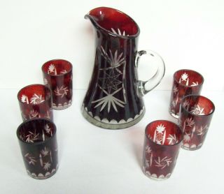 Antique Red Bohemian Glass Lg Pitcher & 6 Glasses Tumblers