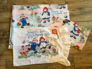 Vintage Raggedy Ann & Andy Dog Flat Fitted Pillowcase Twin Sheet Fabric Apples