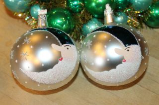 Vintage Set Of 2 Hand Blown/painted Ornaments From Poland Mica Trim Stars,  Santa