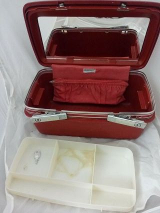 Vintage Samsonite Concord Train Case Cosmetic Mirror Key & Tray Red Zipper Bag