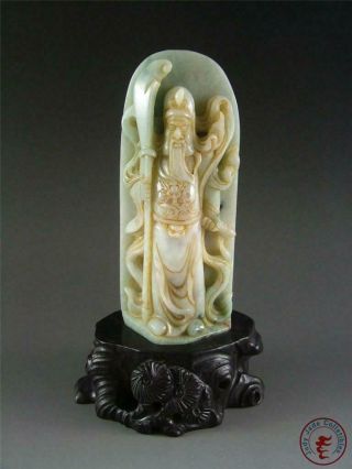 Old Natural Chinese Jadeite Jade Statue Guan Gong The Hero W/ Stand