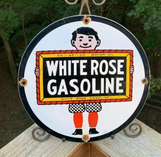 Vintage White Rose Motor Oil & Gasoline Porcelain Sign Gas Station Pump Plate