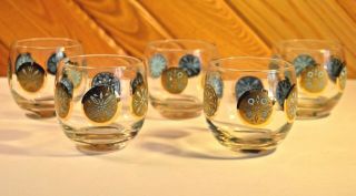 Set Of 5 Vtg Mid Century Modern Bar Rail Glasses Gold Aquamarine Gilded Mad Men