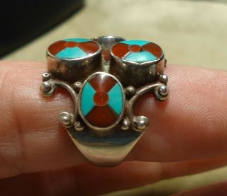 Vintage Native American Sterling Silver Turquoise Coral Inlay Ring - Size 7