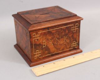 Small Antique 19thc Victorian,  Carved Burl Wood Box Bank Box,