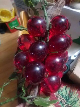 Vintage Acrylic Glass Lucite Grape Cluster Red Large Stem Retro 12 "