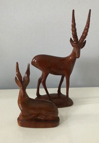 2 Vintage 60/70s Hand Carved Teak Wood Antelope Deer Ornament Sitting Standing 5