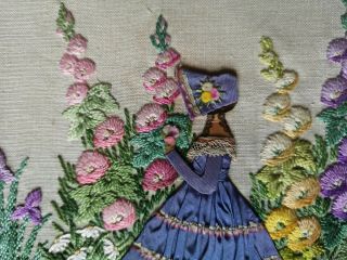 30s Vintage Embroidered Crinoline Lady Garden Floral Picture