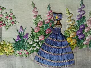 30s VINTAGE EMBROIDERED CRINOLINE LADY GARDEN FLORAL PICTURE 3