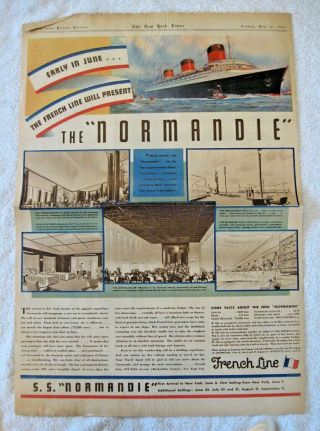 Vtg Ss Normandie Ad Maiden Voyage 1st Arrival In York May 24,  1935 Ny Times