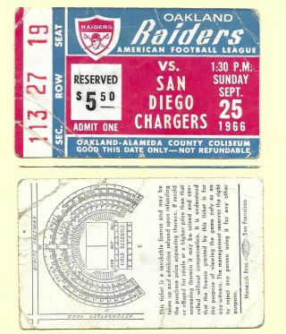 1966 Oakland Raiders Vs San Diego Chargers Afl Ticket Stub At Oakland Coliseum