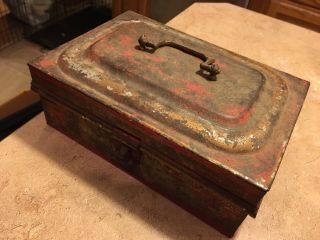 Antique Vintage Primitive Metal Tin Spice Box W/ Round Metal Canisters Inside