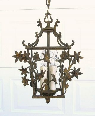 Small Vintage Art Nouveau French Flower Made Spain Brass Birdcage Chandelier