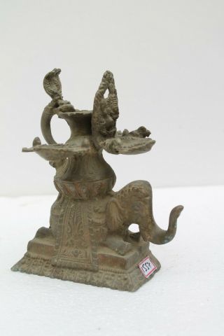 Vintage Old Brass Handcarved Elephant Statue Engrave Tribal Folk Oil Lamp Nh1557