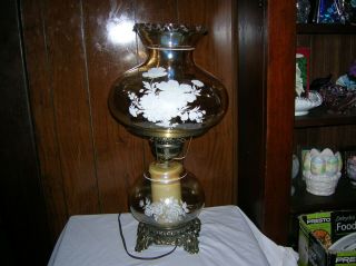 Vintage Smoke Glass Hurricane Table Lamp Floral Design 3 Way Lighting