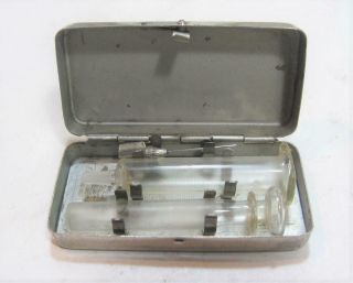 Vintage Portable Medical Glass Syringe Stamped Germany 571 & Metal Case