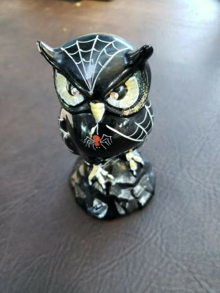 Vintage Hand Painted Signed Glass Owl Mid Century