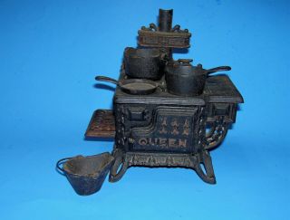 Vintage Miniature Queen Cast Iron Stove W/ Accessories