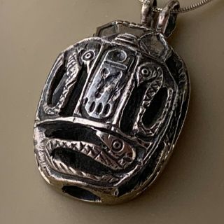 Vintage Silver Plated Scarab Open Work Pendant Egyptian Revival Sterling Chain