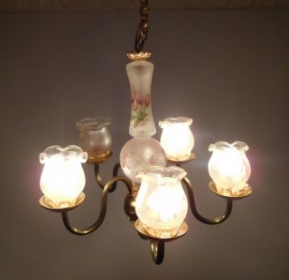 Vintage Electric Glass Flower Chandelier Hanging Lamp Dollhouse Miniature 1:12