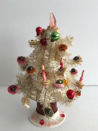 Vintage Christmas Feather Brush Tree Japan 5.  5” Candles Chenille Mercury Glass