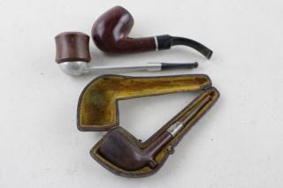 3 X Antique / Vintage Smoking Pipes Inc Cased W/.  925 Sterling Silver Band Etc.