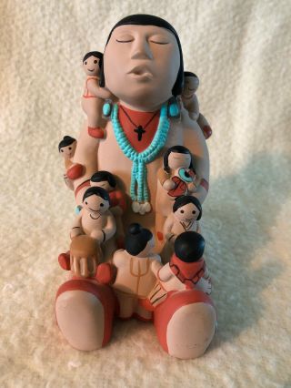 Vintage Native American Story Teller Doll With 9 Children Signed Teissedre ‘86