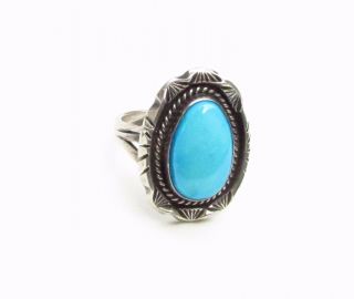 Vintage Native American Navajo Signed " D " Turquoise Sterling Silver Ring Sz 9.  5