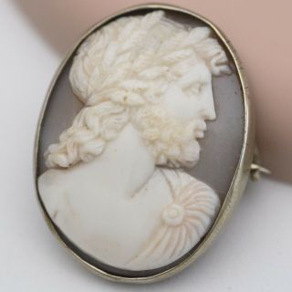 Antique Victorian 800 Silver Carved Shell Cameo Zeus Brooch Pin Pendant