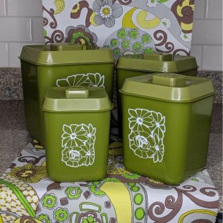 Vintage Mid Century 1960s Pyrex Olive Green /white Flowers Kitchen Canister Set