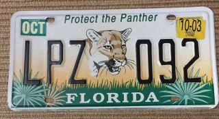 2003 Florida Protect The Panther Graphic Auto License Plate " Lpz 092 " Fl