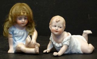 2 Antique German Porcelain Bisque Doll Piano Baby Germany / Hair Wig