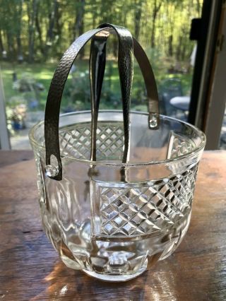 Vintage Bar Mid Century Pressed Glass Ice Bucket Hammered Aluminum Handle Tongs